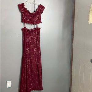 Burgundy two piece dress with slit